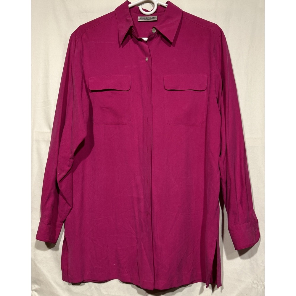 Silk Fuchia Top Business Casual Romantic Lightweight Button Up Pockets Size M